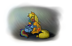 Size: 896x576 | Tagged: safe, artist:resound-valour, applejack, rainbow dash, g4, female, hug, lesbian, rain, ship:appledash, shipping, sitting