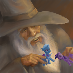 Size: 1000x1000 | Tagged: safe, artist:suranon, trixie, twilight sparkle, human, g4, crossover, gandalf, happy, lord of the rings, playing, shipper on deck