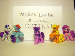 Size: 1136x852 | Tagged: safe, applejack, pinkie pie, rainbow dash, rarity, twilight sparkle, g4, blind bag, brony, hatless, hungarian, irl, missing accessory, photo, toy, translated in the description