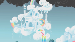 Size: 850x477 | Tagged: safe, screencap, rainbow dash, pegasus, pony, dragonshy, g4, cloud, cloud house, female, house, mare, rainbow, rainbow dash's house, rainbow waterfall, solo