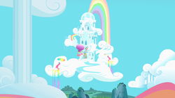 Size: 1280x720 | Tagged: safe, screencap, pinkie pie, rainbow dash, pony, g4, party of one, cloud, hot air balloon, rainbow, rainbow dash's house, rainbow waterfall, twinkling balloon