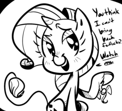 Size: 880x800 | Tagged: safe, artist:tess, rarity, classical unicorn, pony, g4, black and white, dialogue, fashion, female, grayscale, horn, leonine tail, monochrome, solo, unshorn fetlocks