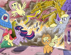 Size: 900x695 | Tagged: safe, artist:kaijukid, artist:sam messerly, apple bloom, applejack, fluttershy, twilight sparkle, kaiju, g4, crossover, destruction, godzilla (series), king ghidorah