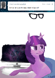 Size: 600x840 | Tagged: safe, artist:dilemarex, twilight sparkle, pony, unicorn, ask twilight sparkle, g4, animated, ask, computer, deal with it, female, glasses, hipster, imac, mare, unicorn twilight