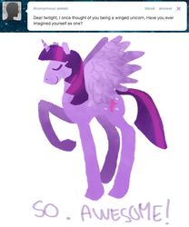 Size: 500x600 | Tagged: safe, artist:dilemarex, twilight sparkle, alicorn, pony, ask twilight sparkle, g4, alicornified, ask, eyes closed, female, hilarious in hindsight, mare, race swap, raised hoof, smiling, solo, twilight sparkle (alicorn)
