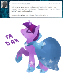 Size: 500x587 | Tagged: safe, artist:dilemarex, twilight sparkle, pony, unicorn, ask twilight sparkle, g4, ask, clothes, dress, female, gala dress, mare, raised hoof, ta-da!, unicorn twilight