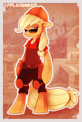 Size: 1114x1646 | Tagged: safe, artist:imalou, applejack, earth pony, semi-anthro, g4, engineer, engineer (tf2), female, solo, sunglasses, team fortress 2