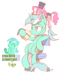 Size: 1221x1429 | Tagged: artist needed, safe, lyra heartstrings, pinkie pie, pony, unicorn, g4, chair, cup, doll, female, hat, plushie, plushie hat, ponies riding ponies, pony hat, riding, simple background, sitting, solo, white background