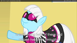 Size: 1366x768 | Tagged: safe, edit, edited screencap, screencap, photo finish, earth pony, pony, g4, caption, female, mare, religion, solo, text, youtube caption