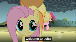 Size: 684x383 | Tagged: safe, screencap, applejack, fluttershy, pinkie pie, g4, cuba, youtube caption