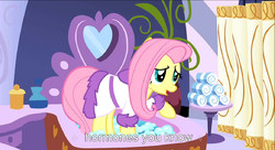 Size: 682x370 | Tagged: safe, screencap, fluttershy, pegasus, pony, g4, green isn't your color, bathroom, solo, spa, towel, youtube caption