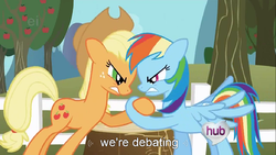 Size: 683x384 | Tagged: safe, screencap, applejack, rainbow dash, g4, debate, hoofwrestle, youtube caption