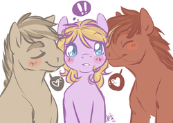 Size: 925x658 | Tagged: safe, artist:clovercoin, oc, oc only, oc:hush hooves, oc:starcrossed, oc:text twist, blushing, cheek kiss, exclamation point, eyes closed, heart, kiss sandwich, kissing, nudging, nuzzling, smiling, surprise kiss, surprised