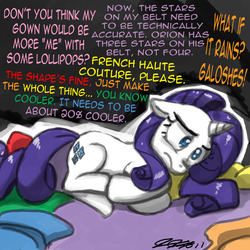 Size: 900x900 | Tagged: safe, artist:johnjoseco, rarity, pony, g4, suited for success, abuse, art of the dress, cloth, fabric, fetal position, raribuse, solo, stressed, stressity