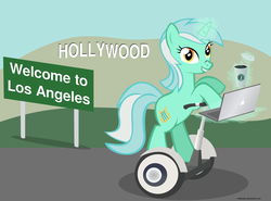 Size: 2670x1977 | Tagged: safe, artist:misteraibo, lyra heartstrings, pony, g4, bipedal, bipedal leaning, coffee, coffee cup, computer, female, hollywood, laptop computer, leaning, los angeles, macbook, macintosh (computer), segway, solo, starbucks, vector