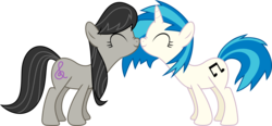 Size: 12425x5755 | Tagged: safe, artist:mysteriouskaos, dj pon-3, octavia melody, vinyl scratch, earth pony, pony, unicorn, g4, absurd resolution, female, lesbian, mare, nuzzling, ship:scratchtavia, shipping, simple background, transparent background