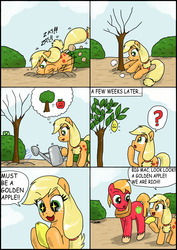 Size: 2481x3506 | Tagged: safe, artist:ciriliko, applejack, big macintosh, earth pony, pony, g4, :3, colt, colt big macintosh, comic, creeper, female, filly, filly applejack, food, high res, lemon, male, pictogram, stallion, starry eyes, thought bubble, wingding eyes, younger, zas