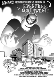 Size: 878x1256 | Tagged: safe, artist:hotdiggedydemon, human, pony, everfree northwest, butt, generic pony, monochrome, plot, scared