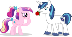 Size: 5000x2589 | Tagged: safe, artist:masamunya, artist:northernthestar, princess cadance, shining armor, pony, g4, blushing, female, flower, flower in mouth, high res, male, mouth hold, rose, rose in mouth, ship:shiningcadance, shipping, simple background, straight, teen princess cadance, transparent background, vector, younger