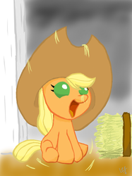 Size: 500x667 | Tagged: safe, artist:leelvin, applejack, earth pony, pony, g4, baby, baby pony, babyjack, cute, female, foal, happy, hay, jackabetes, open mouth, oversized hat, sitting, smiling, solo, younger