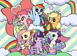 Size: 1000x720 | Tagged: safe, artist:asads, angel bunny, applejack, fluttershy, pinkie pie, rainbow dash, rarity, spike, twilight sparkle, earth pony, pegasus, pony, rabbit, unicorn, g4, animal, female, male, mane seven, mane six, mare, pixiv, unicorn twilight