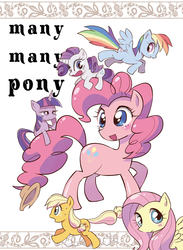 Size: 732x1000 | Tagged: safe, artist:k-nattoh, applejack, fluttershy, pinkie pie, rainbow dash, rarity, twilight sparkle, earth pony, pegasus, pony, unicorn, comic:many many pony, g4, comic, cover, doujin, female, it begins, mane six, many many pony, mare, pixiv, so much pony, unicorn twilight