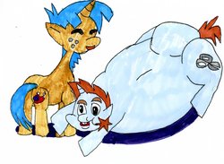 Size: 1280x939 | Tagged: artist needed, safe, snails, snips, pony, unicorn, g4, bhm, butt, colt, duo, fat, foal, male, morbidly obese, obese, plot, traditional art, wat