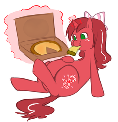 Size: 824x855 | Tagged: safe, artist:redintravenous, oc, oc only, oc:red ribbon, pony, unicorn, belly, fat, female, food, mare, pizza, pizza box