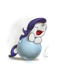 Size: 1600x2000 | Tagged: safe, artist:valcron, rarity, pony, unicorn, g4, artifact, ball, cute, eyes closed, female, filly, filly rarity, foal, happy, horn, leaning, open mouth, raribetes, simple background, smiling, solo, younger