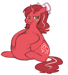 Size: 866x957 | Tagged: safe, artist:redintravenous, oc, oc only, oc:red ribbon, pony, unicorn, belly, big belly, bow, fat, female, freckles, grope, hair bow, implied vore, lidded eyes, mare, smiling, vore