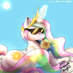 Size: 2000x2000 | Tagged: safe, artist:spittfireart, princess celestia, alicorn, pony, g4, badass, beach, butt, cool, drink, female, high res, plot, solo, sunglasses