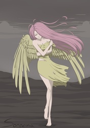 Size: 2468x3492 | Tagged: safe, artist:seismopac, fluttershy, human, g4, barefoot, clothes, dress, feet, high res, humanized, skinny, solo, thin, torn clothes, winged humanization