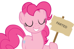 Size: 3392x2246 | Tagged: safe, pinkie pie, earth pony, pony, g4, eyes closed, female, grin, high res, implied farting, mare, sign, solo