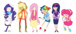 Size: 1542x700 | Tagged: safe, artist:washable-red, applejack, fluttershy, pinkie pie, rainbow dash, rarity, twilight sparkle, human, g4, adventure time, beret, boots, clothes, converse, denim, dress, fingerless gloves, gloves, high heel boots, high heels, humanized, line-up, male, mane six, mary janes, necktie, shoes, shorts, simple background, skinny, skirt, spurs, sweater vest, thin, transparent background, tube skirt