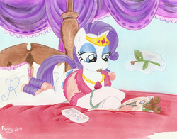 Size: 1067x836 | Tagged: safe, artist:foxxy-arts, rarity, pony, g4, bathrobe, bed, chocolate, clothes, dress, female, hair curlers, necklace, reading, robe, solo, tiara