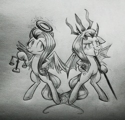 Size: 1003x960 | Tagged: safe, artist:discommunicator, fluttershy, angel, devil, g4, duality, sketch