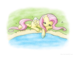 Size: 1200x900 | Tagged: safe, artist:jdan-s, angel bunny, fluttershy, pegasus, pony, g4, angelbetes, cute, eyes closed, female, lying down, mare, shyabetes, sleeping, smiling, water