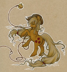 Size: 540x584 | Tagged: safe, artist:savannahhorrocks, artist:savicorn, applejack, earth pony, pony, g4, apple, female, lasso, lassoing, mouth hold, rearing, rope, solo