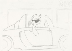 Size: 569x400 | Tagged: safe, artist:adcoon, scootaloo, g4, car, sketch, sunglasses