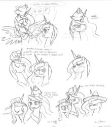 Size: 1271x1440 | Tagged: safe, artist:zicygomar, princess cadance, princess celestia, princess luna, chicken, pony, g4, comic, frying pan, hat, hilarious in hindsight, monochrome, scootachicken, serious business, serious hat, sillestia, silly, silly pony, sombrero, traditional art