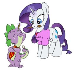 Size: 1377x1314 | Tagged: safe, artist:rannva, rarity, spike, dragon, pony, unicorn, g4, cosplay, duo, female, harry potter (series), lavender brown, male, mare, ron weasley, ship:sparity, shipping, simple background, straight, transparent background