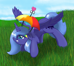 Size: 880x780 | Tagged: dead source, safe, artist:sonicrainboom93, princess luna, alicorn, pony, g4, crouching, ears back, female, grass, hat, looking up, missing accessory, s1 luna, solo, spread wings, umbrella hat, wings, woona, worried