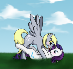 Size: 764x717 | Tagged: safe, artist:theforbiddensecrets, derpy hooves, rarity, pegasus, pony, unicorn, g4, derpity, female, lesbian, mare, shipping