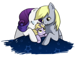 Size: 729x566 | Tagged: safe, artist:theforbiddensecrets, derpy hooves, dinky hooves, rarity, pegasus, pony, unicorn, g4, derpity, female, lesbian, mare, shipping