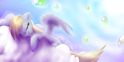 Size: 598x298 | Tagged: safe, artist:haunthid, derpy hooves, pegasus, pony, g4, bubble, cloud, day, female, floppy ears, lying down, lying on a cloud, mare, on a cloud, sky, sleeping, solo