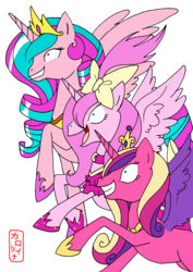 Size: 2407x3409 | Tagged: safe, artist:queencarolina, princess cadance, princess celestia, princess luna, alicorn, pony, g4, alicorn triarchy, female, gritted teeth, high res, mare, pink princess power, pinklestia, pinkluna, shrunken pupils, simple background, transparent background, trio, trio female, wat