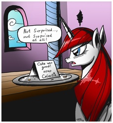 Size: 800x873 | Tagged: safe, artist:tobibrocki, oc, oc only, oc:fausticorn, alicorn, pony, cakelestia, crumbs, dialogue, implied princess celestia, lauren faust, note, open mouth, plate, solo, upset, window