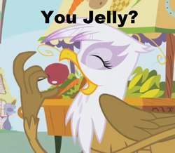 Size: 649x565 | Tagged: safe, edit, edited screencap, screencap, gilda, griffon, g4, griffon the brush off, apple, eating, eyes closed, female, food, image macro, prehensile tail, solo