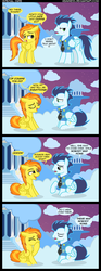 Size: 1354x3631 | Tagged: dead source, safe, artist:veggie55, soarin', spitfire, pegasus, pony, g4, chuckle, clothes, cloud, cloudsdale, comic, duo, folded wings, hoof over mouth, looking at each other, looking at someone, night, night sky, raised hoof, sitting, sky, smiling, speech bubble, standing, stars, talking, uniform, wings, wonderbolts dress uniform