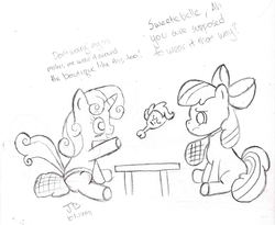 Size: 1254x1026 | Tagged: safe, artist:jailbait, apple bloom, scootaloo, sweetie belle, earth pony, pony, unicorn, g4, feed bag, manure bag, monochrome, scootachicken, sitting, sweetiepoo